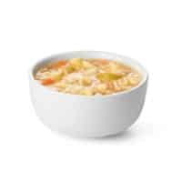 A bowl of Chicken Noodle soup with white background